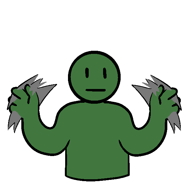 A green person flapping their hands with a neutral expression. 